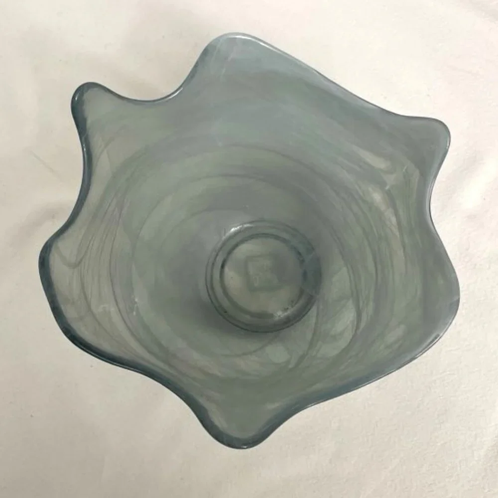 Recycled Glass Bowl & Platter Made in Spain Blue & White Swirl Organic Edge‎